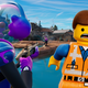 Lego Emmet runs away from a Fortnite screenshot.